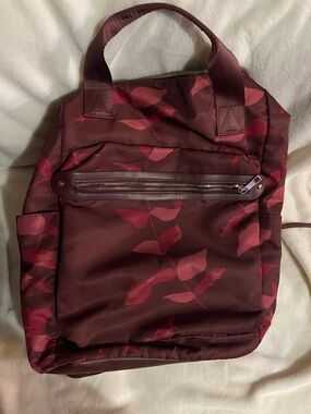 Womens Burgundy Leaf-Print Tote Backpack
